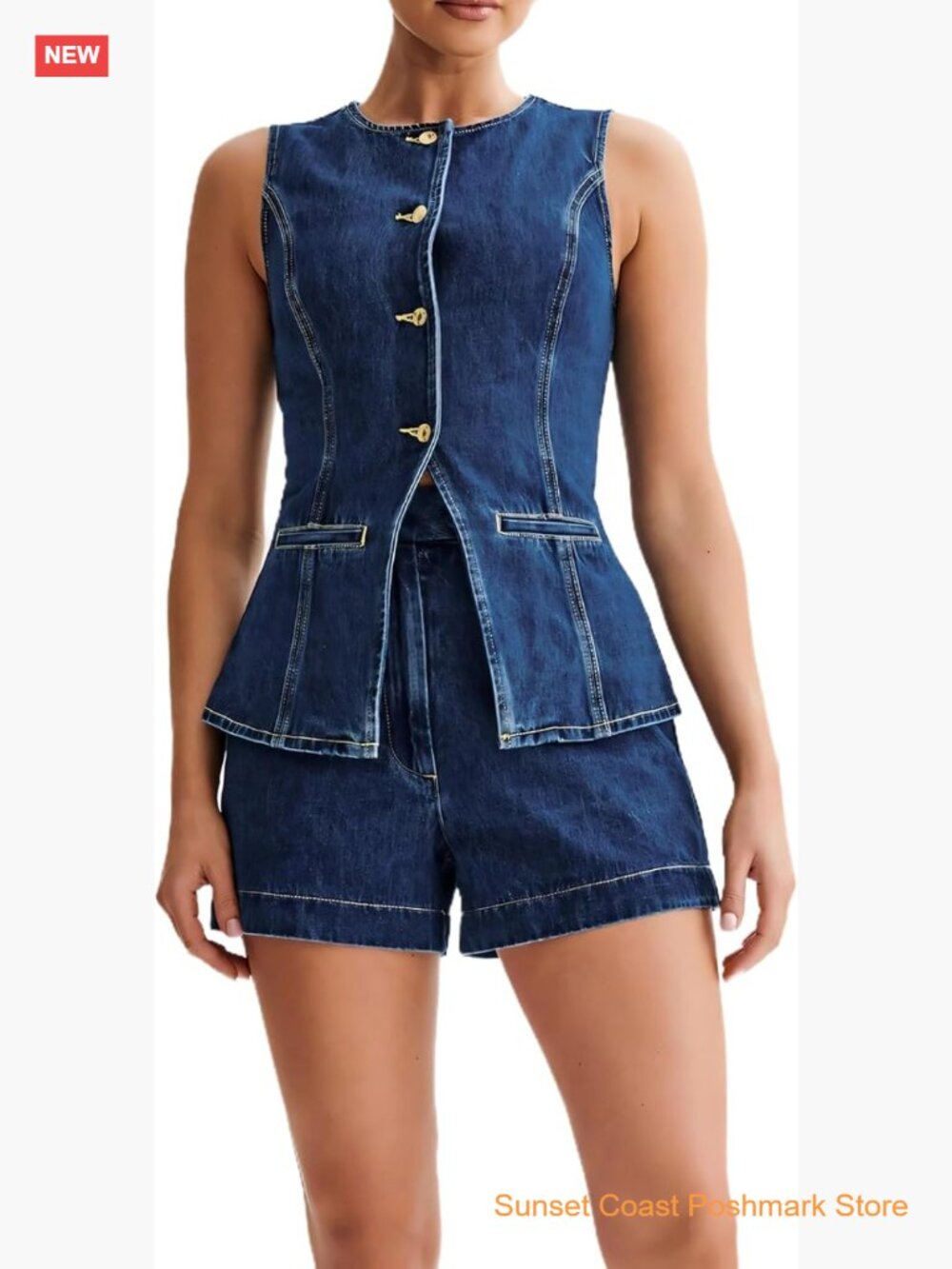 Womens Denim 2 Piece Set Sleeveless Button Down Vest Tops Short Pants Suit Sets